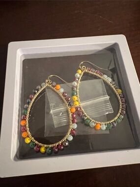 Gold Teardrop Hoop Earrings with Multicolor Beads